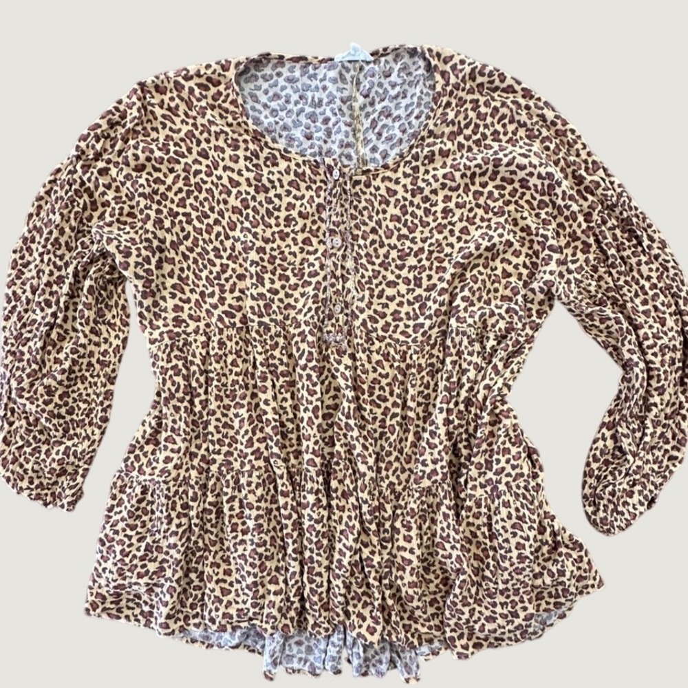 Easel Los Angeles Leopard Print Babydoll Top Tiered Ruffle Blouse 1X Brown